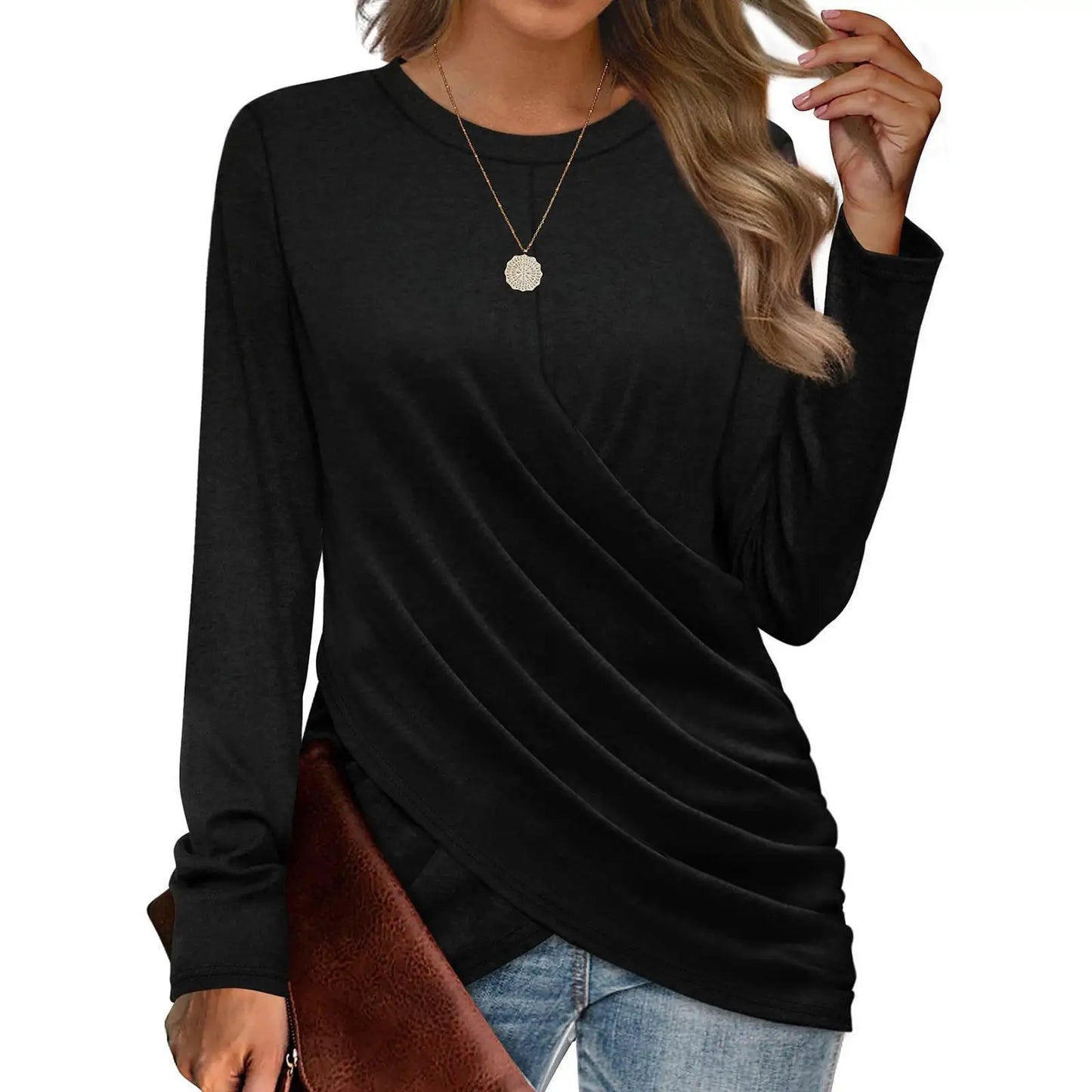 Stijlvol Gekruist Geplooid Casual Dames T-shirt met Ronde Hals Herfst