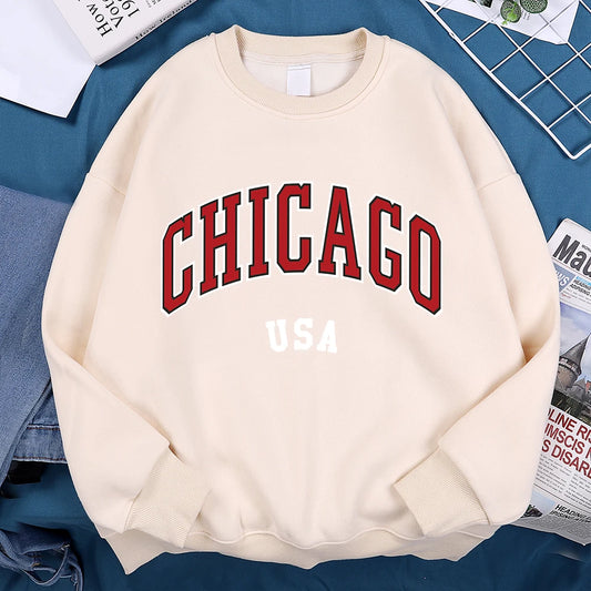 Chicago USA Klassieke Stadsprint Fleece Sweatshirt Heren O-Hals Losse Pasvorm