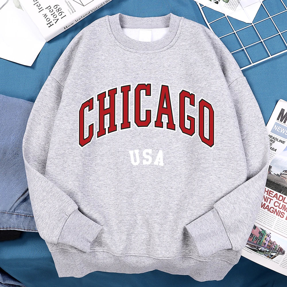 Chicago USA Klassieke Stadsprint Fleece Sweatshirt Heren O-Hals Losse Pasvorm