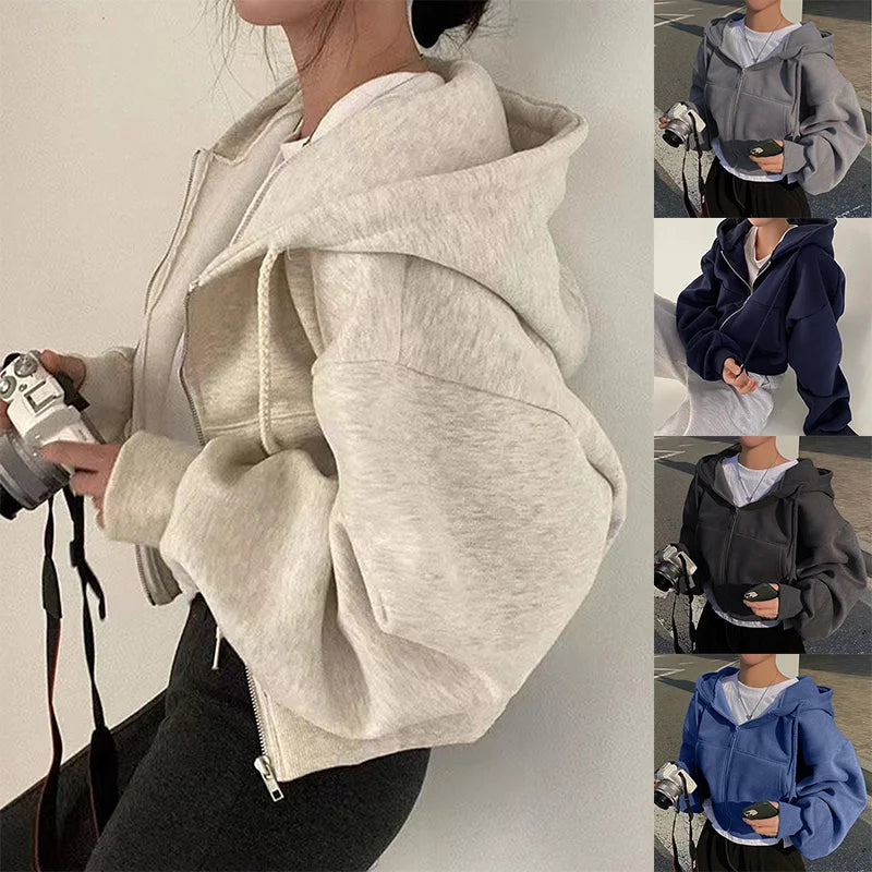 Comfortabel Fleece Gevoerd Dames Hoodie Sweatshirt met Rits en Capuchon