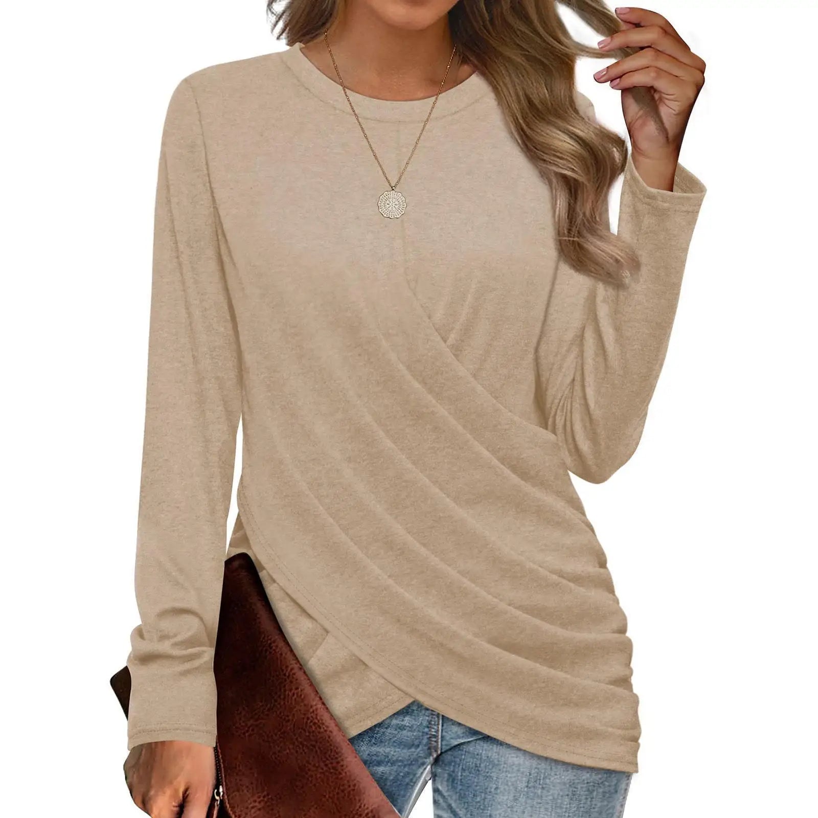 Stijlvol Gekruist Geplooid Casual Dames T-shirt met Ronde Hals Herfst