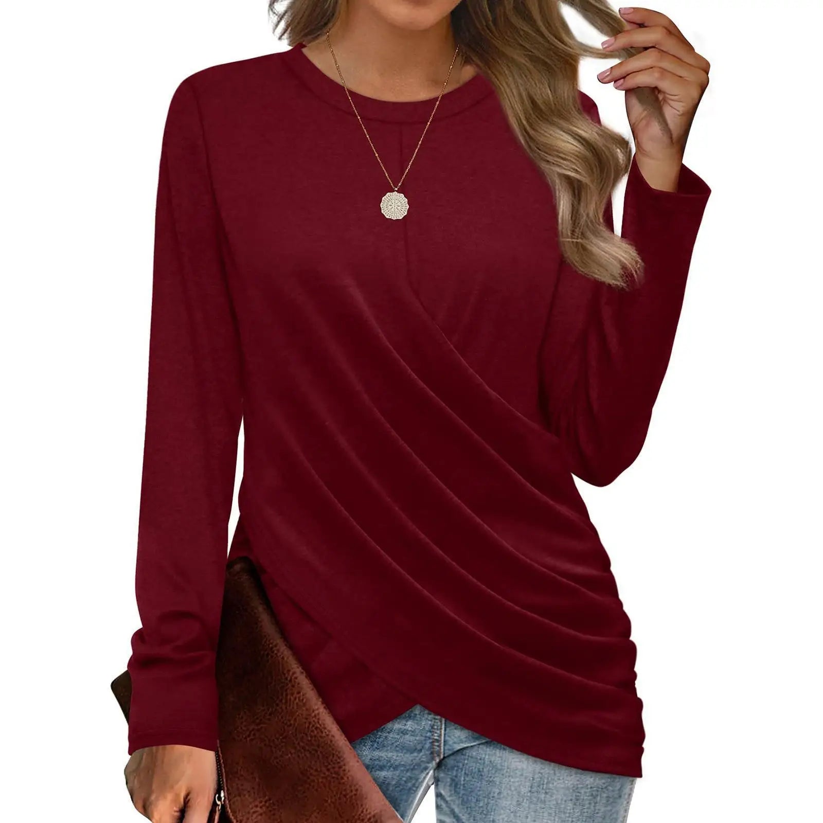 Stijlvol Gekruist Geplooid Casual Dames T-shirt met Ronde Hals Herfst