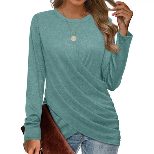 Stijlvol Gekruist Geplooid Casual Dames T-shirt met Ronde Hals Herfst