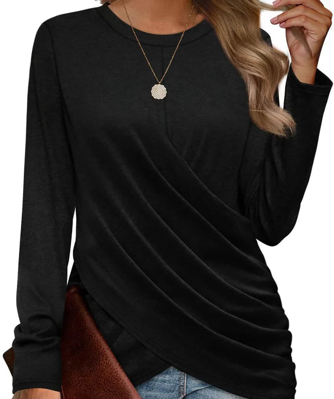 Stijlvol Gekruist Geplooid Casual Dames T-shirt met Ronde Hals Herfst