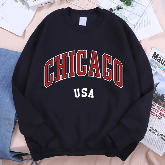 Chicago USA Klassieke Stadsprint Fleece Sweatshirt Heren O-Hals Losse Pasvorm