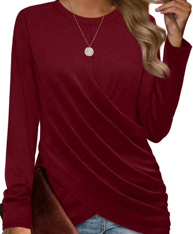 Stijlvol Gekruist Geplooid Casual Dames T-shirt met Ronde Hals Herfst