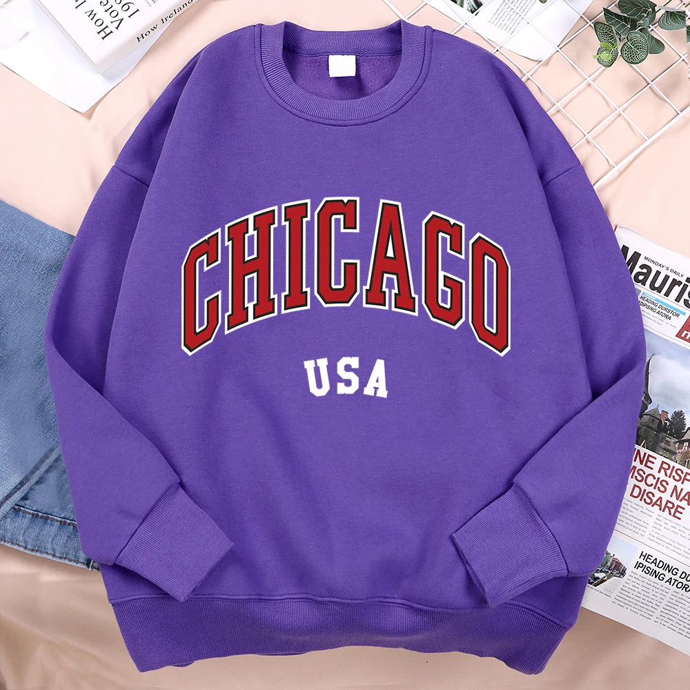 Chicago USA Klassieke Stadsprint Fleece Sweatshirt Heren O-Hals Losse Pasvorm